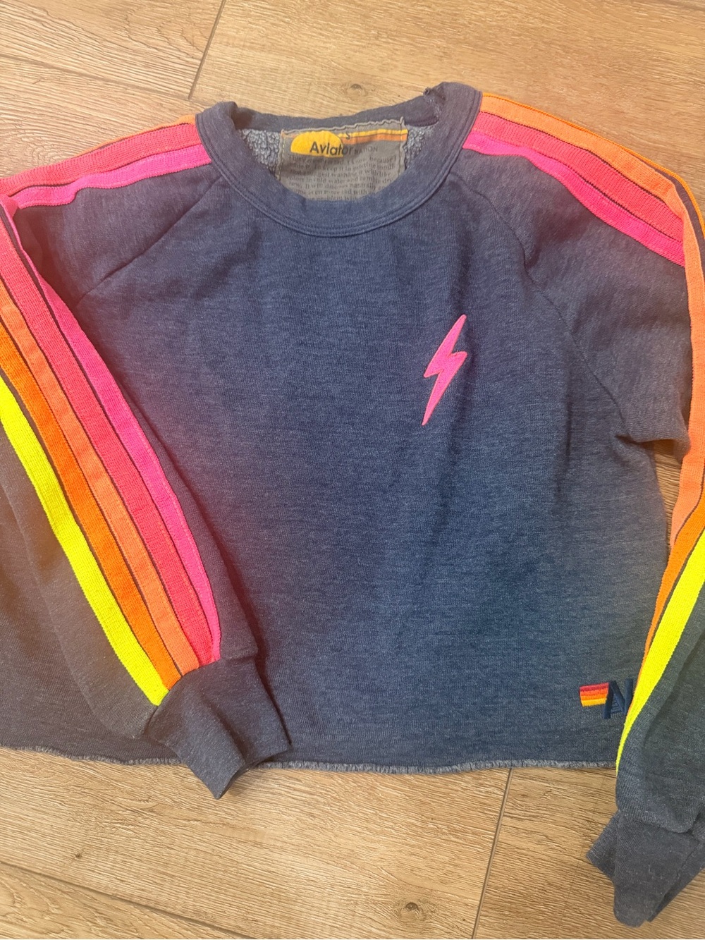 Aviator Nation Navy Cropped Sweatshirt with Pink & Rainbow Stripe Sleeves - Picture 2 of 5